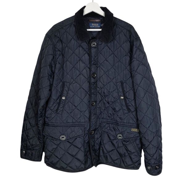 Polo Ralph Lauren Quilted Jacket Corduroy Collar Leather Accents XLNavy Blue - Picture 1 of 12